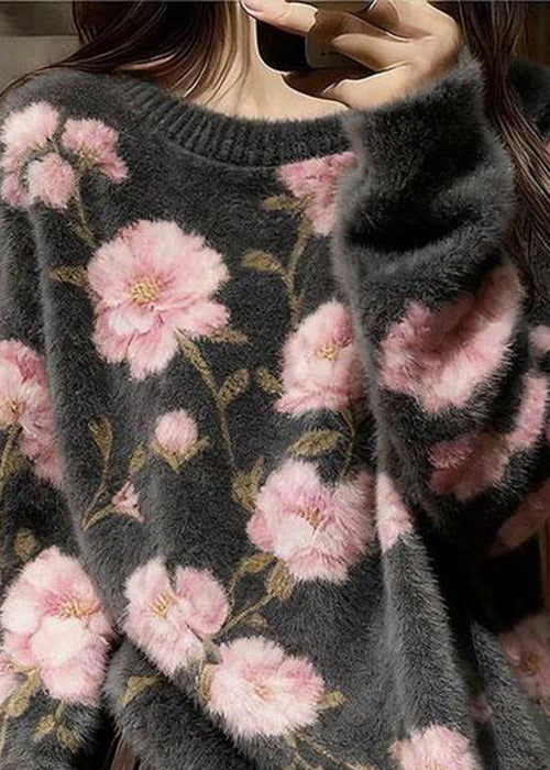 Grey Jacquard Thick Mink Hair Knitted Sweater top O Neck