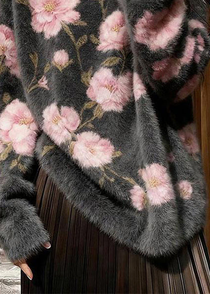 Grey Jacquard Thick Mink Hair Knitted Sweater top O Neck