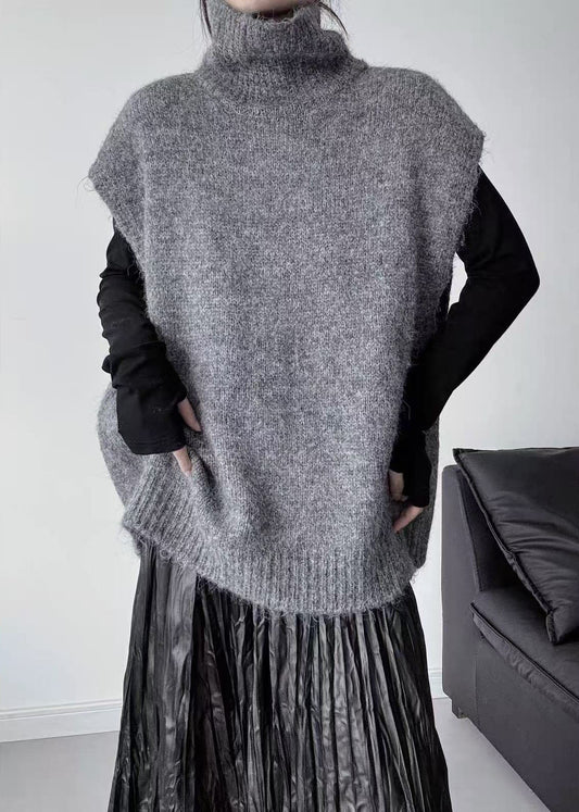 Grey Knit Pullover Oversized High Collar Sleeveless