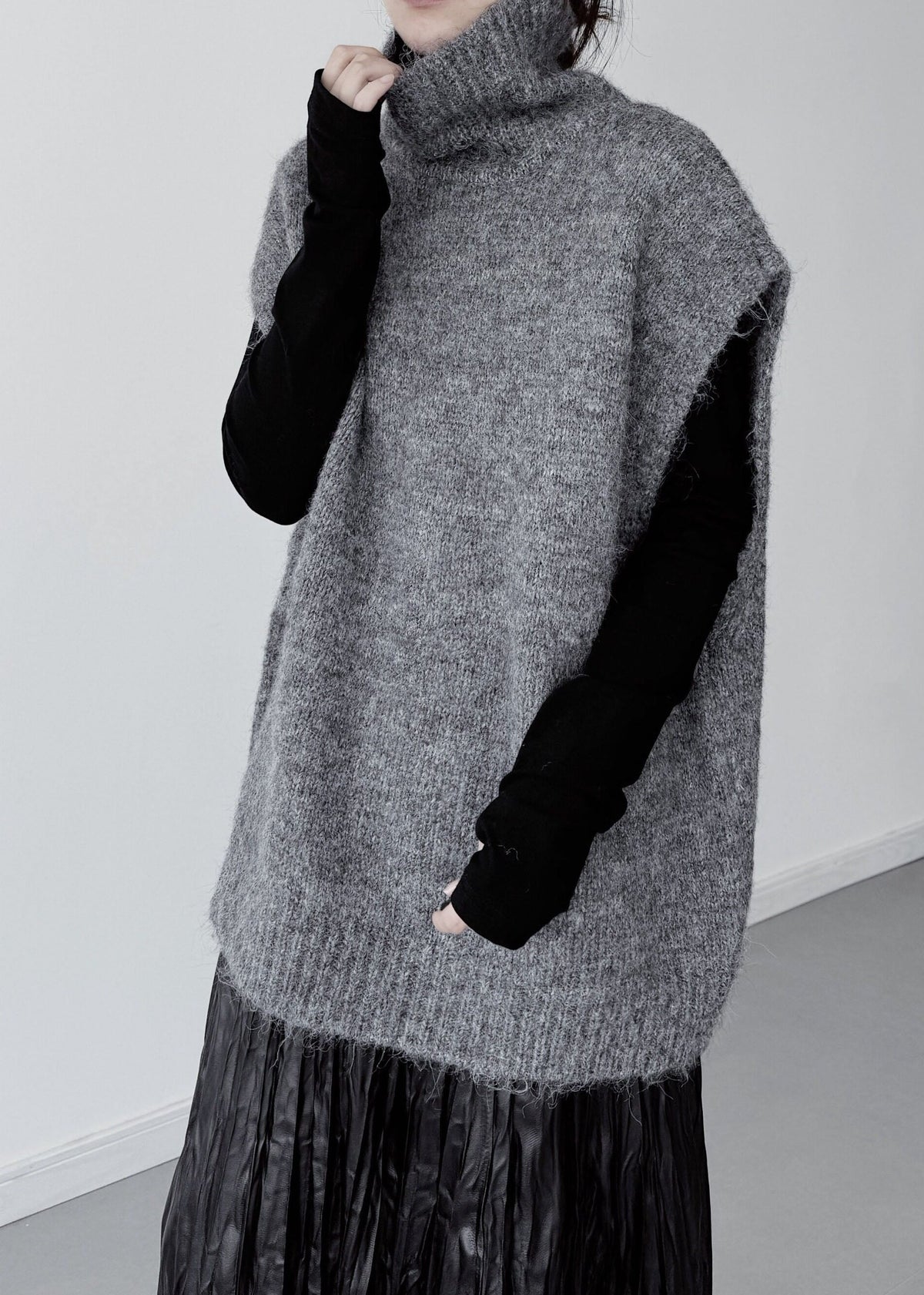 Grey Knit Pullover Oversized High Collar Sleeveless