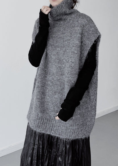 Grey Knit Pullover Oversized High Collar Sleeveless