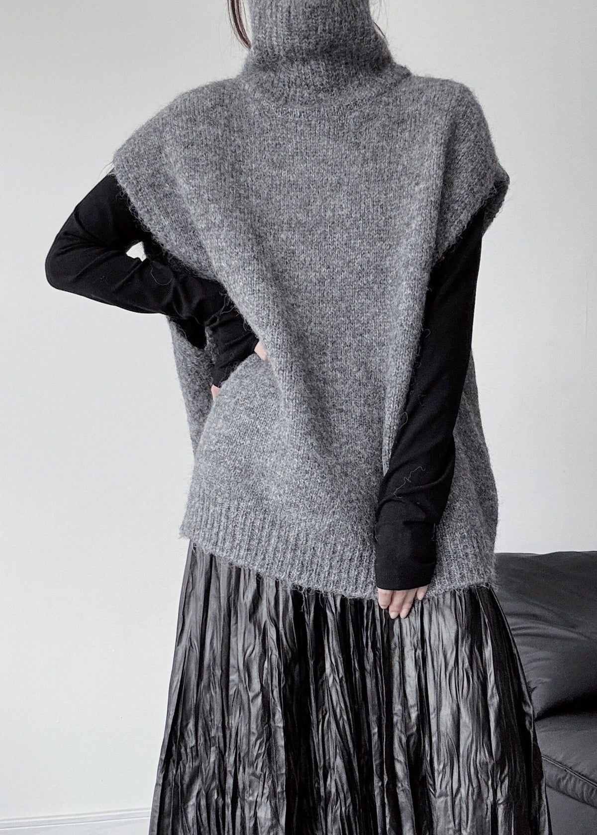Grey Knit Pullover Oversized High Collar Sleeveless