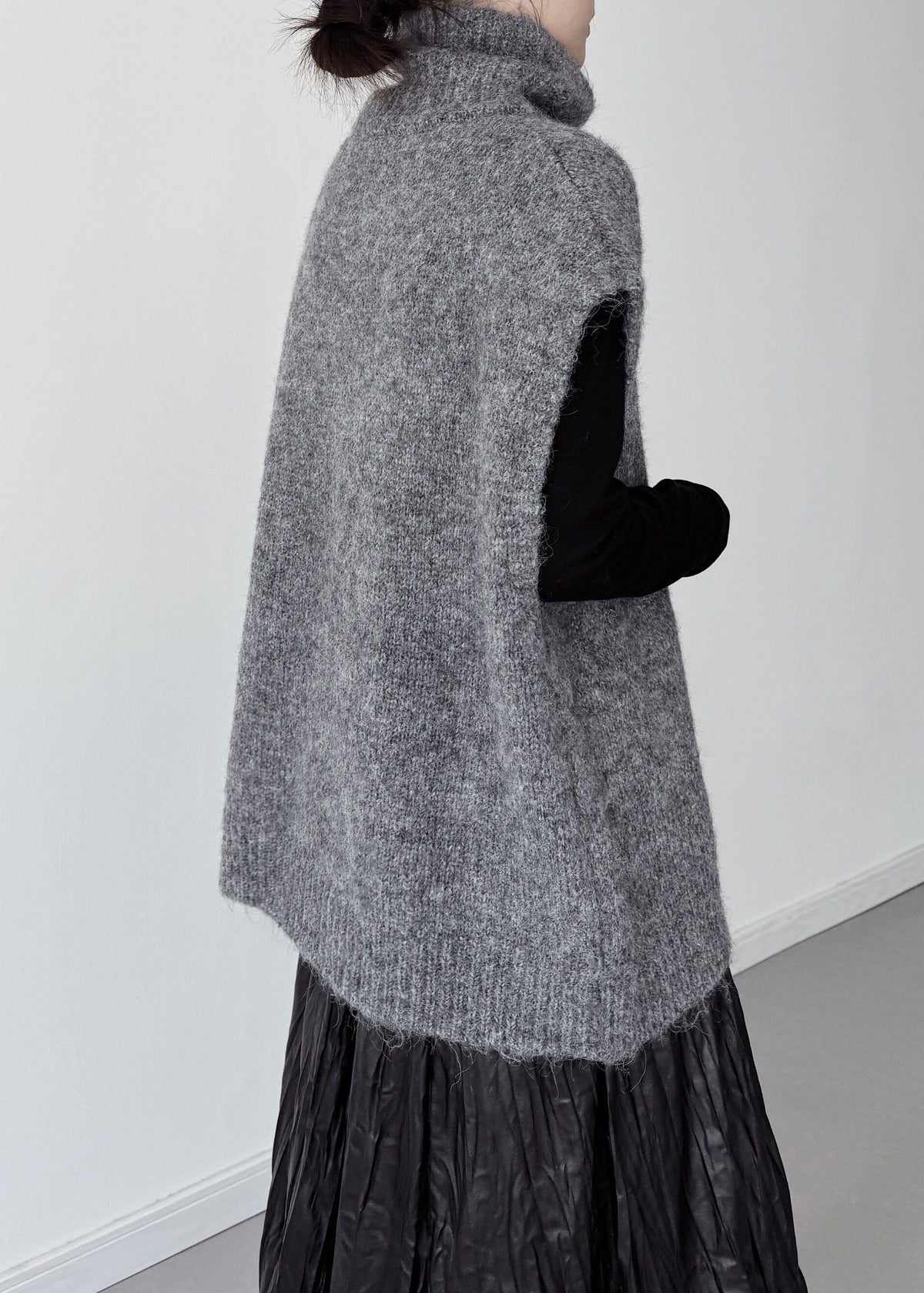 Grey Knit Pullover Oversized High Collar Sleeveless