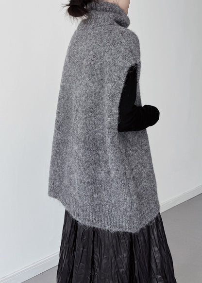 Grey Knit Pullover Oversized High Collar Sleeveless