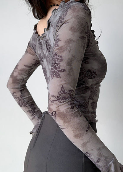 Grey Lace Up Cotton Flare Sleeve T Shirt Tops Ruffled