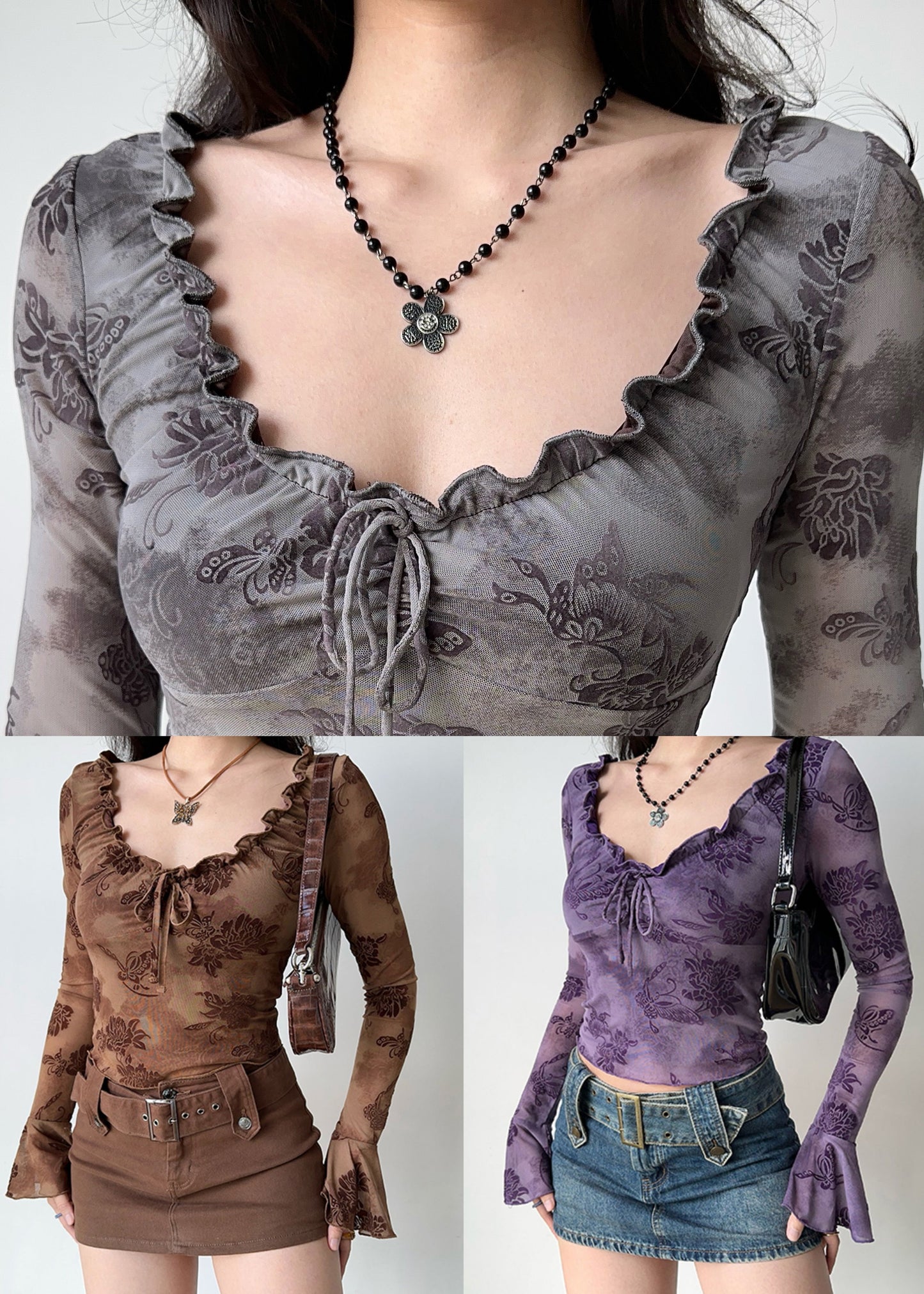 Grey Lace Up Cotton Flare Sleeve T Shirt Tops Ruffled