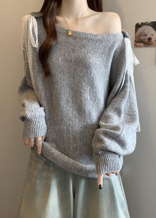 Grey Lace Up Cozy Patchwork Loose Knit Sweater Hollow Out