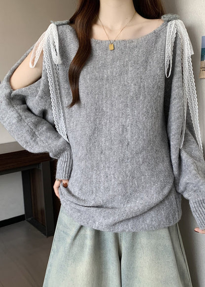 Grey Lace Up Cozy Patchwork Loose Knit Sweater Hollow Out
