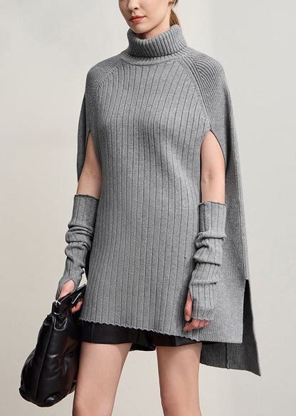 Grey Low High Design Solid Cotton Knit Sweater Fall