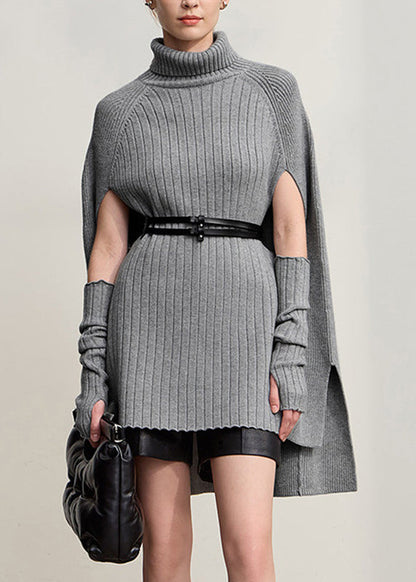 Grey Low High Design Solid Cotton Knit Sweater Fall