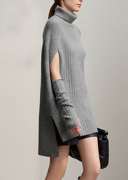 Grey Low High Design Solid Cotton Knit Sweater Fall