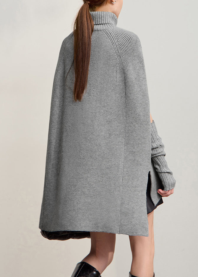Grey Low High Design Solid Cotton Knit Sweater Fall