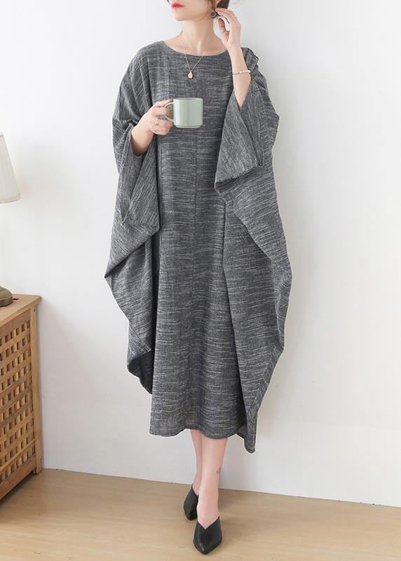 Grey O-Neck Bat Sleeve Large Spring Summer Cotton Dress - SooLinen