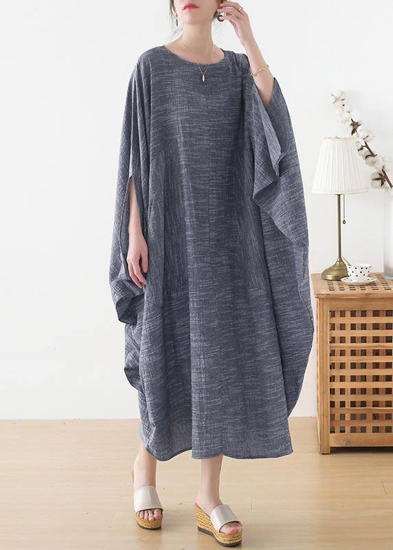 Grey O-Neck Bat Sleeve Large Spring Summer Cotton Dress - SooLinen