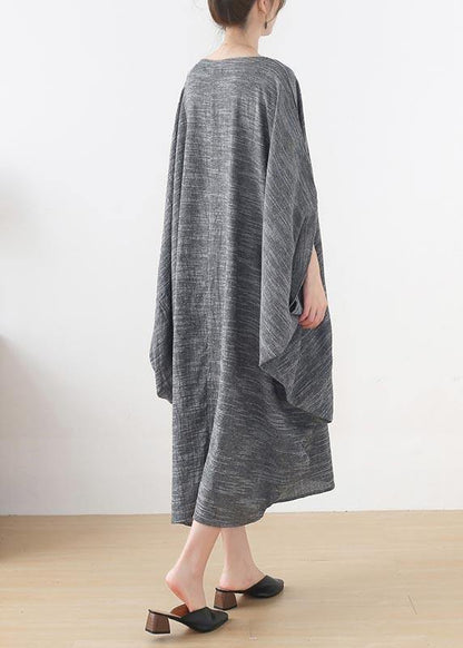 Grey O-Neck Bat Sleeve Large Spring Summer Cotton Dress - SooLinen