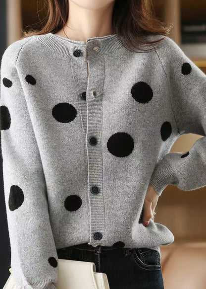 Grey O-Neck Patchwork Cotton Knit Cardigans Lantern Sleeve