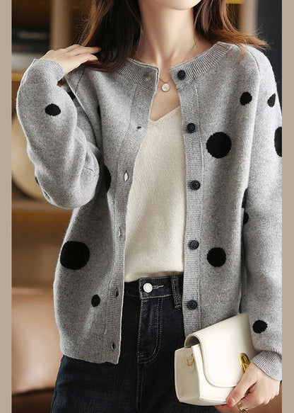 Grey O-Neck Patchwork Cotton Knit Cardigans Lantern Sleeve