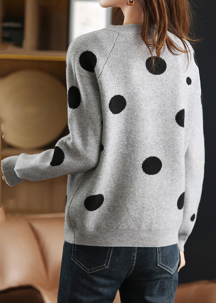 Grey O-Neck Patchwork Cotton Knit Cardigans Lantern Sleeve