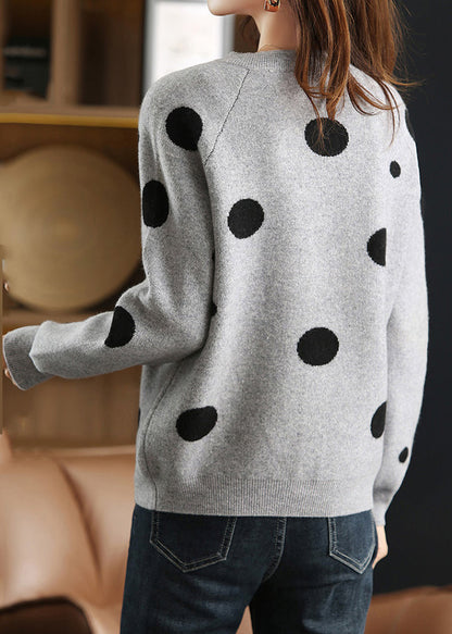 Grey O-Neck Patchwork Cotton Knit Cardigans Lantern Sleeve