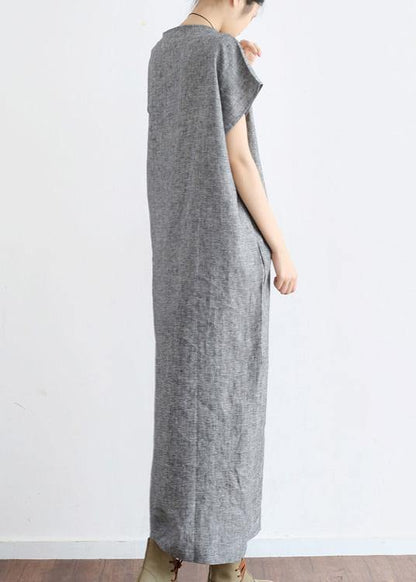 Grey O Neck Summer Cotton Hemp Dress - SooLinen