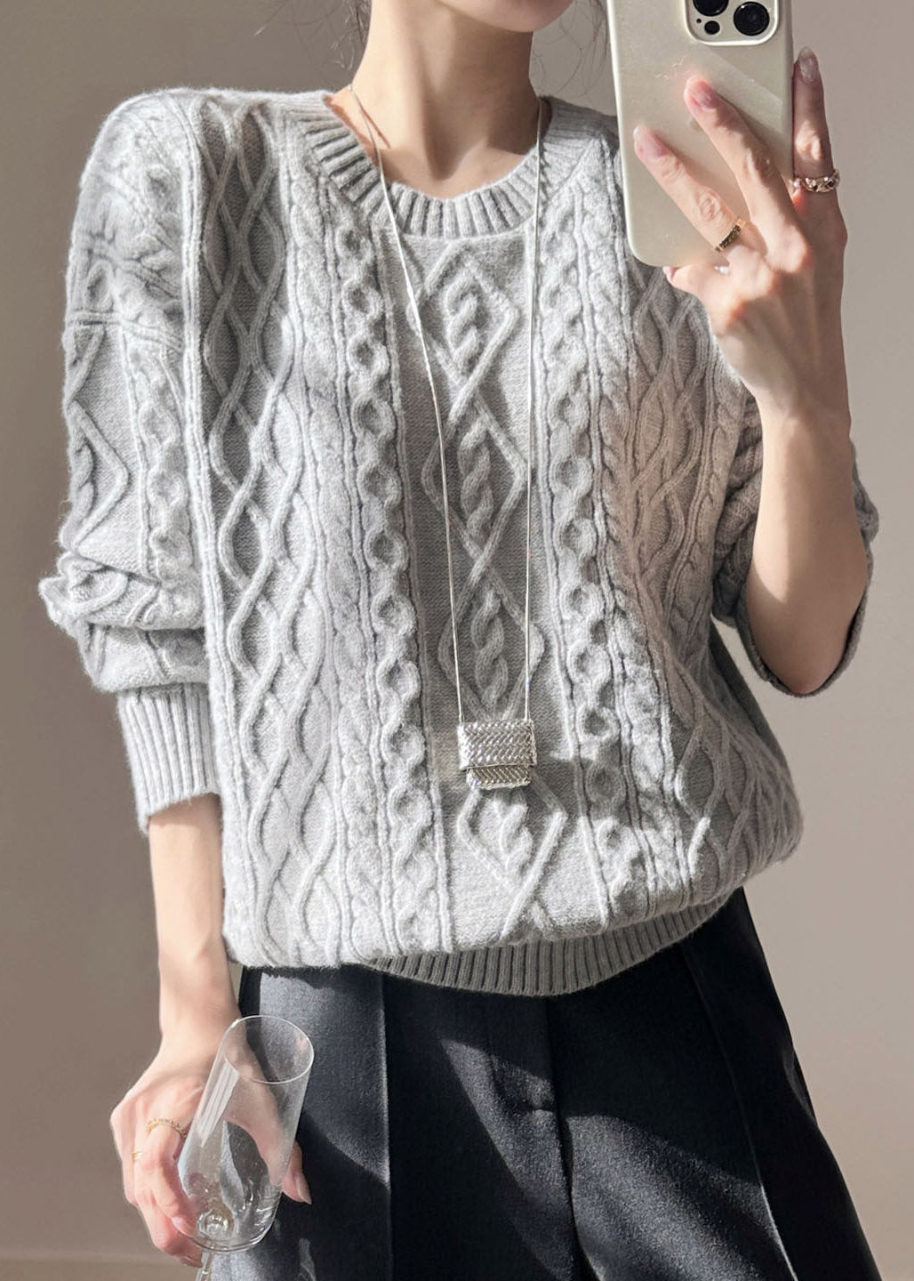 Grey Patchwork Cable Cotton Knit Knit Shirts Fall