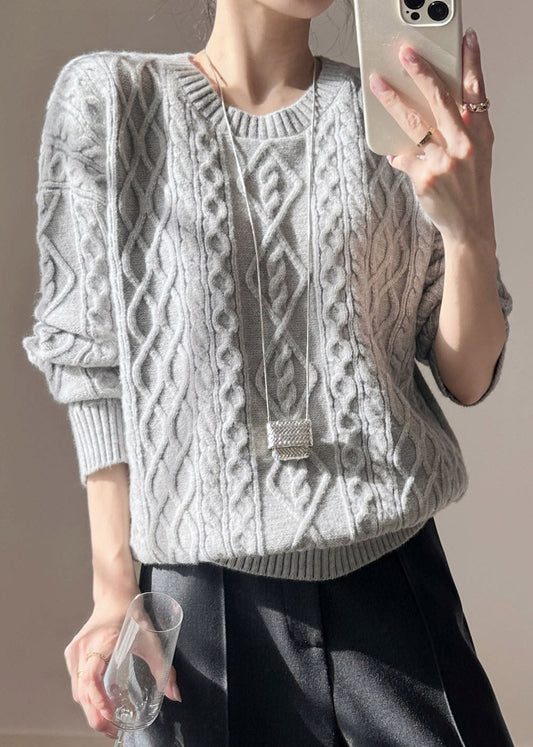 Grey Patchwork Cable Cotton Knit Knit Shirts Fall