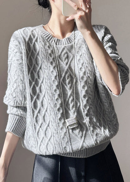 Grey Patchwork Cable Cotton Knit Knit Shirts Fall