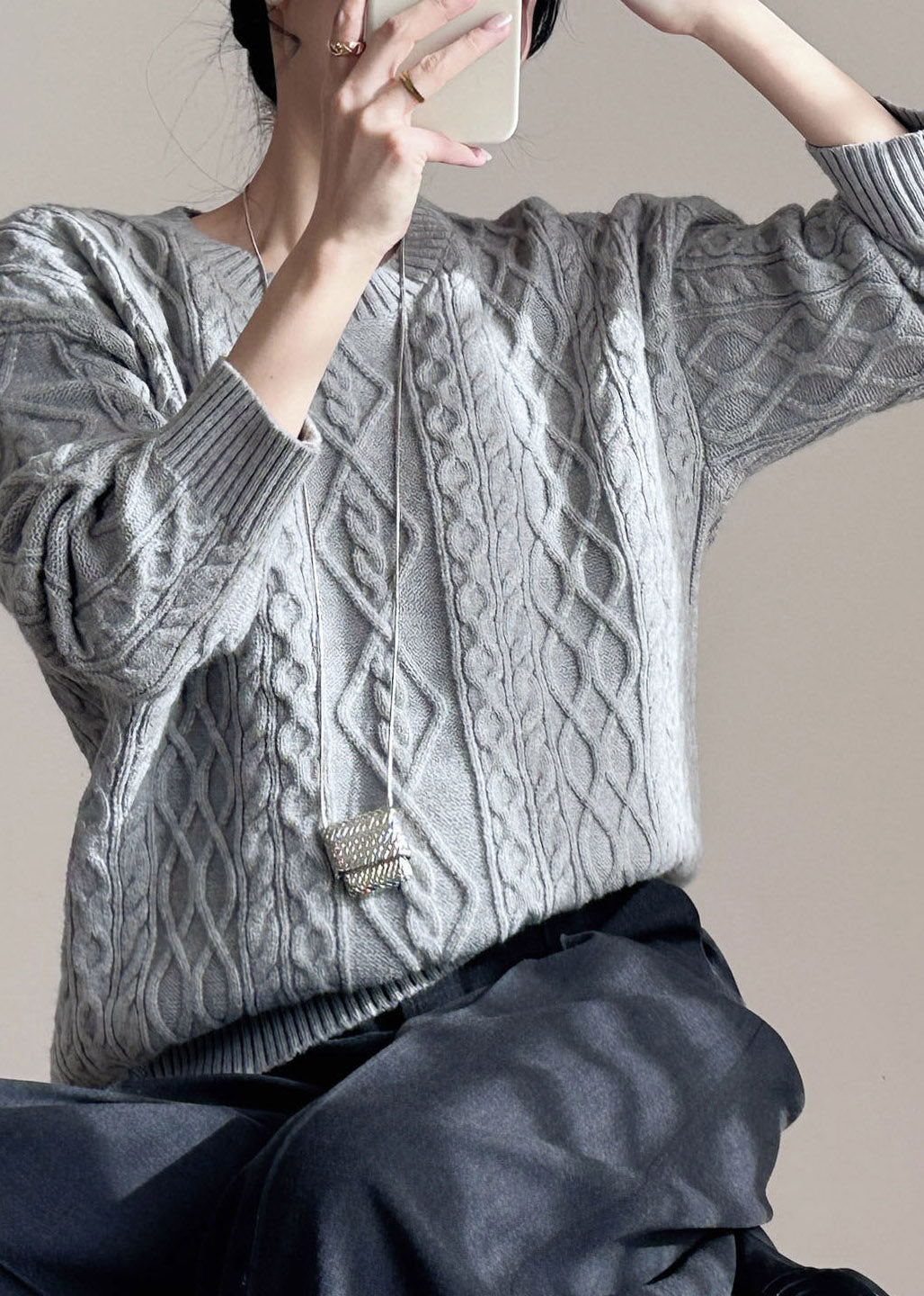 Grey Patchwork Cable Cotton Knit Knit Shirts Fall