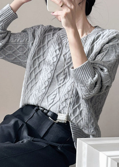 Grey Patchwork Cable Cotton Knit Knit Shirts Fall