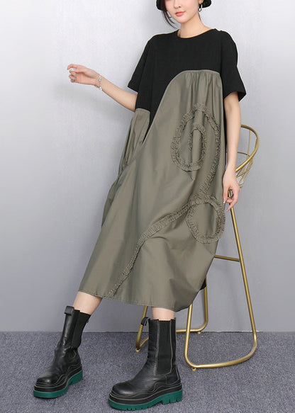 Grey Patchwork Cotton Party Dress Asymmetrical Summer