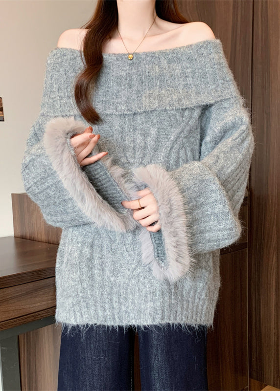 Grey Patchwork Faux Fur Sweater Tops Cold Shoulder Winter