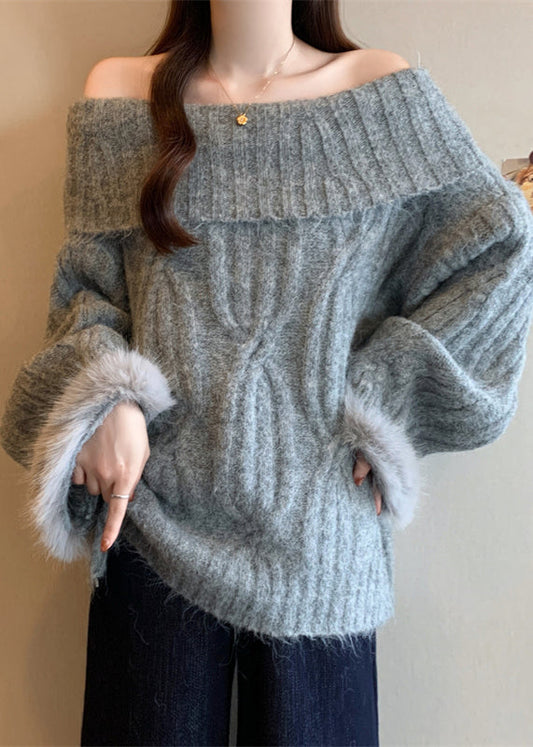 Grey Patchwork Faux Fur Sweater Tops Cold Shoulder Winter