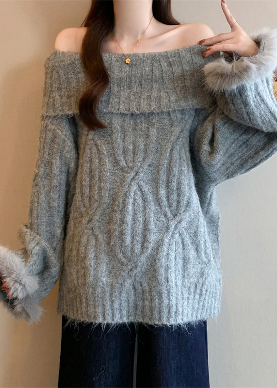 Grey Patchwork Faux Fur Sweater Tops Cold Shoulder Winter