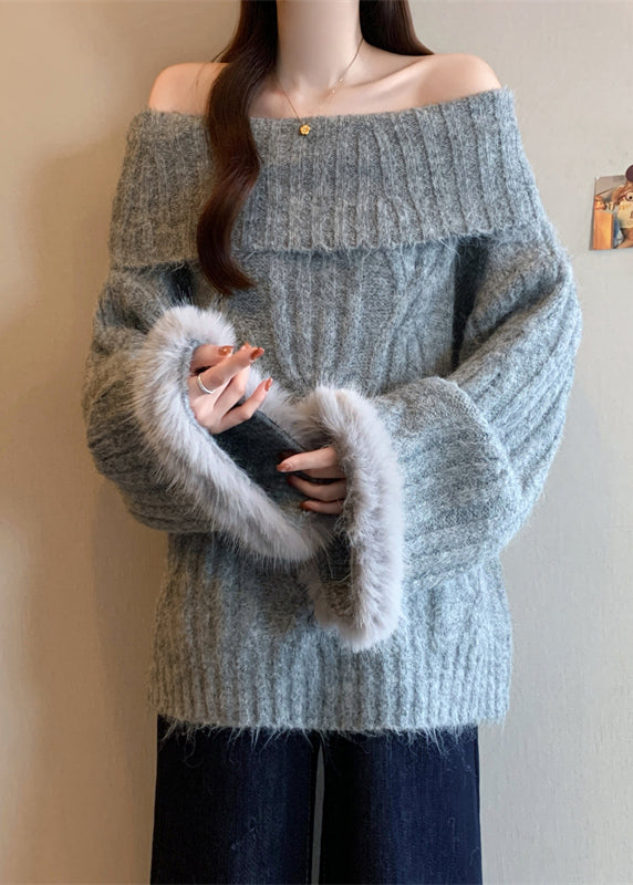 Grey Patchwork Faux Fur Sweater Tops Cold Shoulder Winter