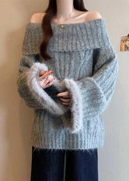 Grey Patchwork Faux Fur Sweater Tops Cold Shoulder Winter