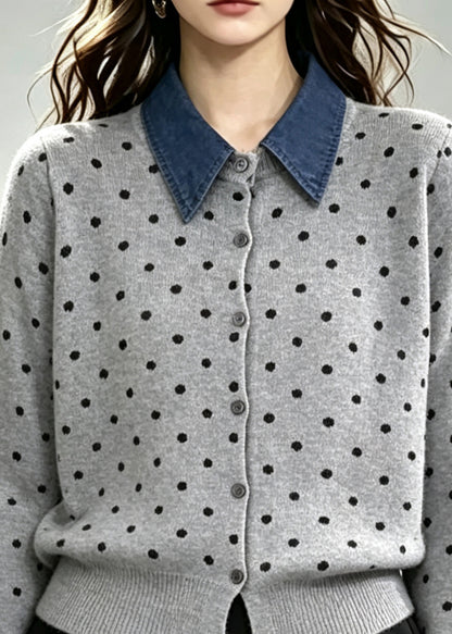 Grey Patchwork Knitted Fake Two Piece Tops Peter Pan Collar Winter