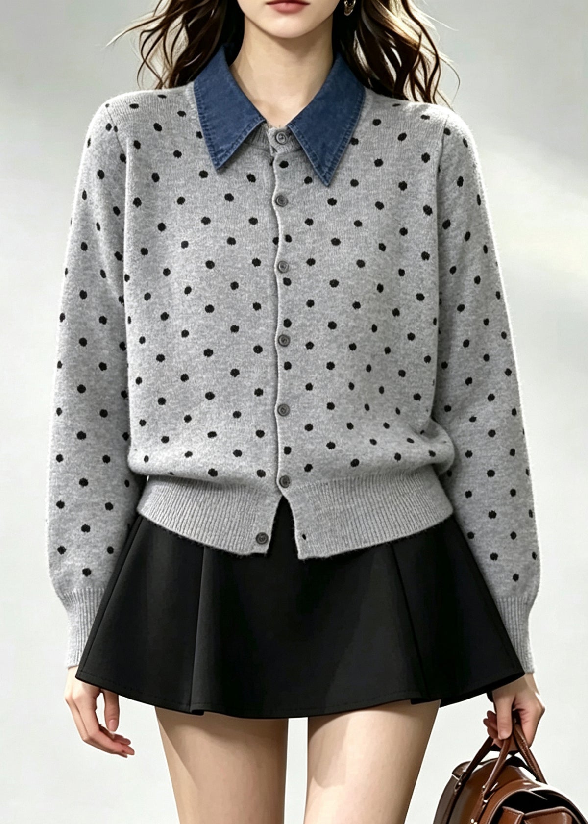 Grey Patchwork Knitted Fake Two Piece Tops Peter Pan Collar Winter