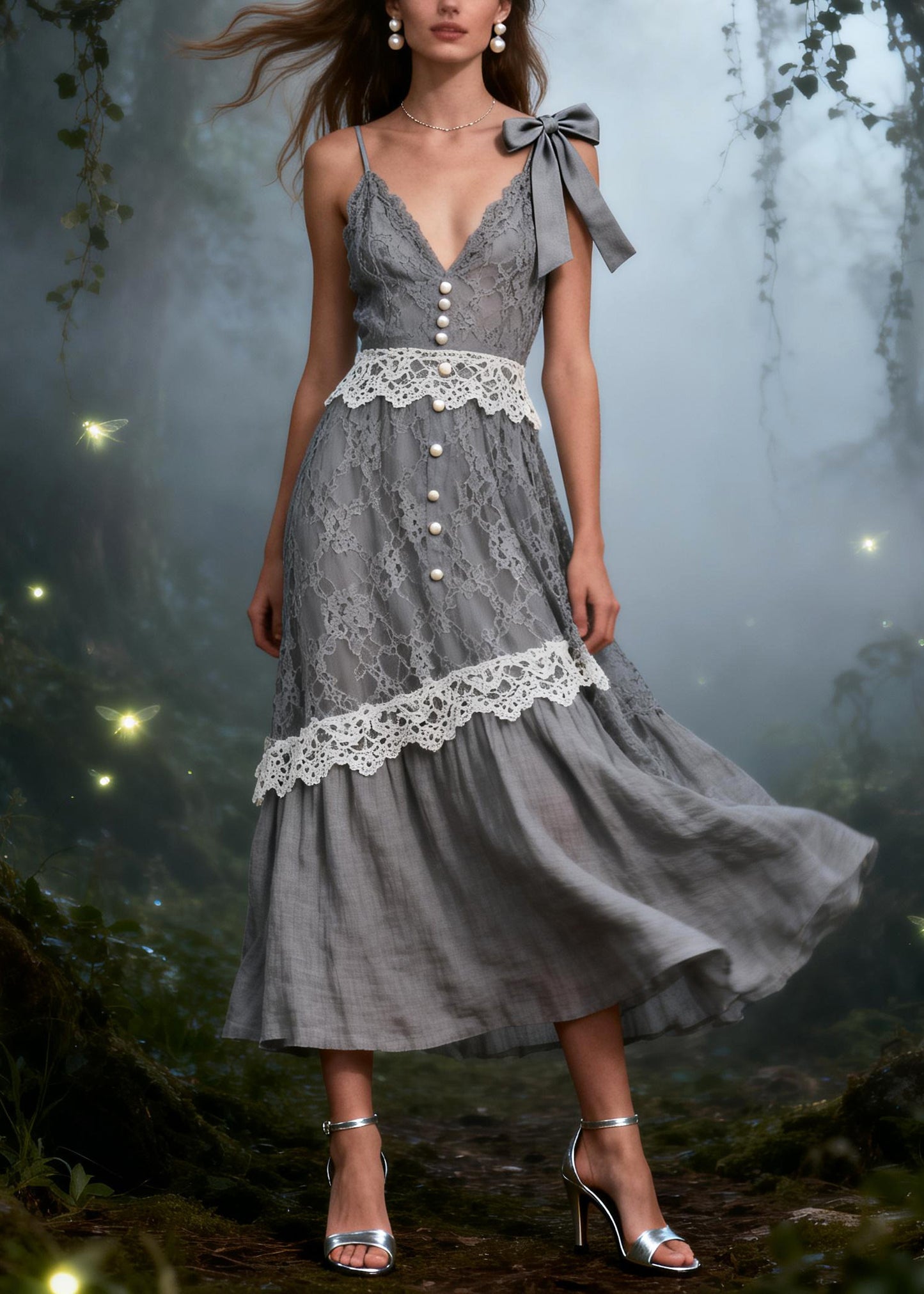 Grey Patchwork Lace Spaghetti Strap Dress Fine Pearl Bow Summer