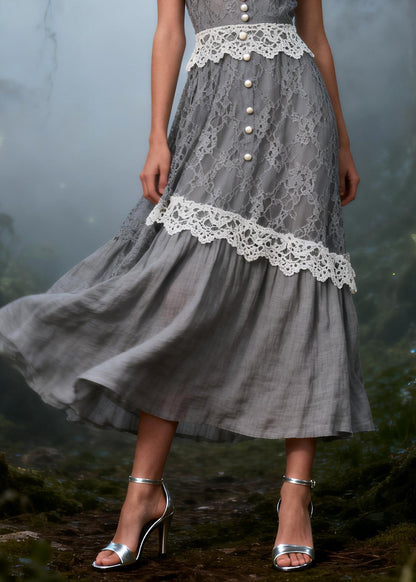 Grey Patchwork Lace Spaghetti Strap Dress Fine Pearl Bow Summer