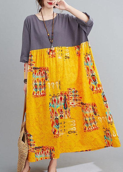 Grey Patchwork Yellow Print O-Neck Pockets Summer Party Dresses - SooLinen