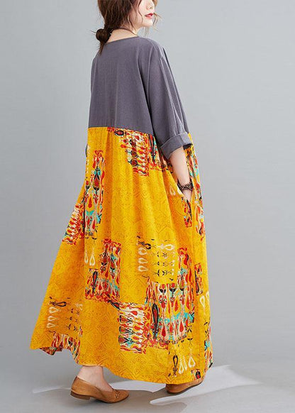 Grey Patchwork Yellow Print O-Neck Pockets Summer Party Dresses - SooLinen