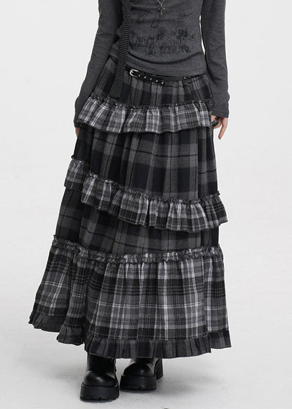 Grey Plaid Elastic Waist Patchwork Cotton Skirt Ruffled