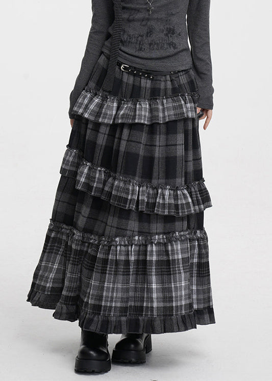 Grey Plaid Elastic Waist Patchwork Cotton Skirt Ruffled