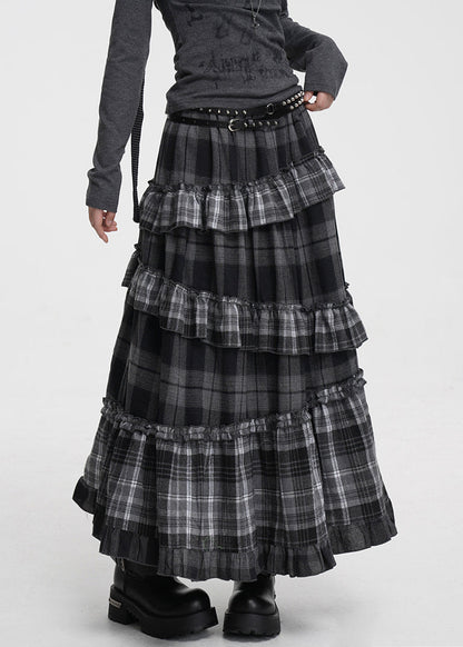 Grey Plaid Elastic Waist Patchwork Cotton Skirt Ruffled