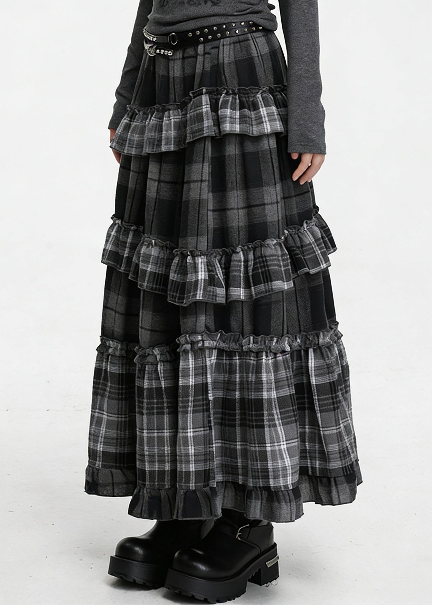Grey Plaid Elastic Waist Patchwork Cotton Skirt Ruffled