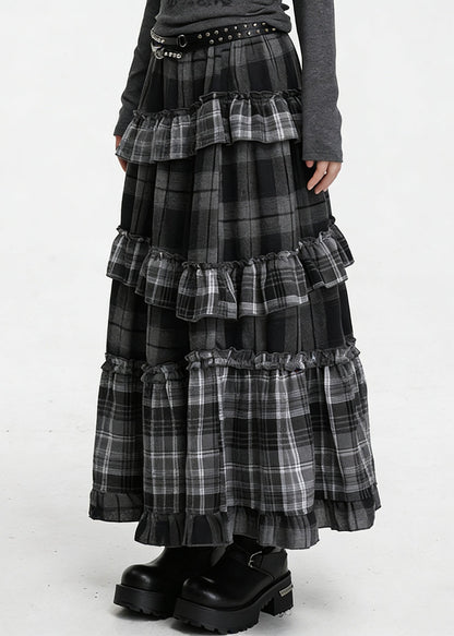 Grey Plaid Elastic Waist Patchwork Cotton Skirt Ruffled