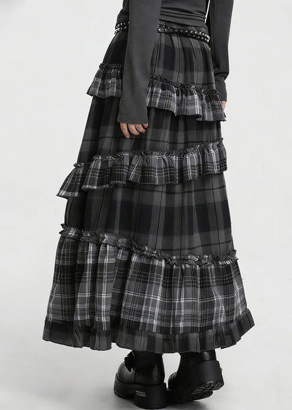 Grey Plaid Elastic Waist Patchwork Cotton Skirt Ruffled