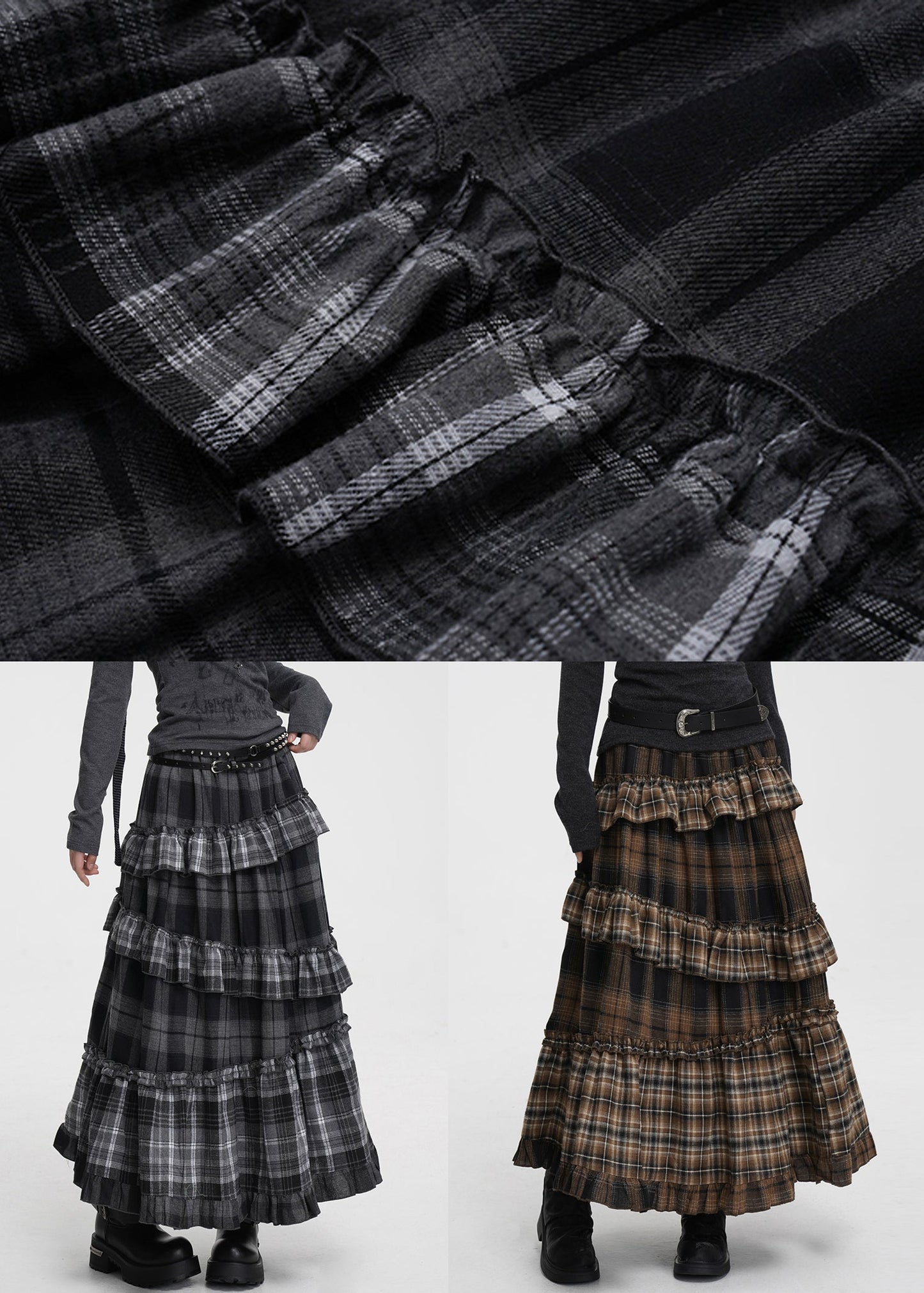 Grey Plaid Elastic Waist Patchwork Cotton Skirt Ruffled