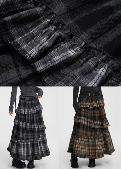 Grey Plaid Elastic Waist Patchwork Cotton Skirt Ruffled