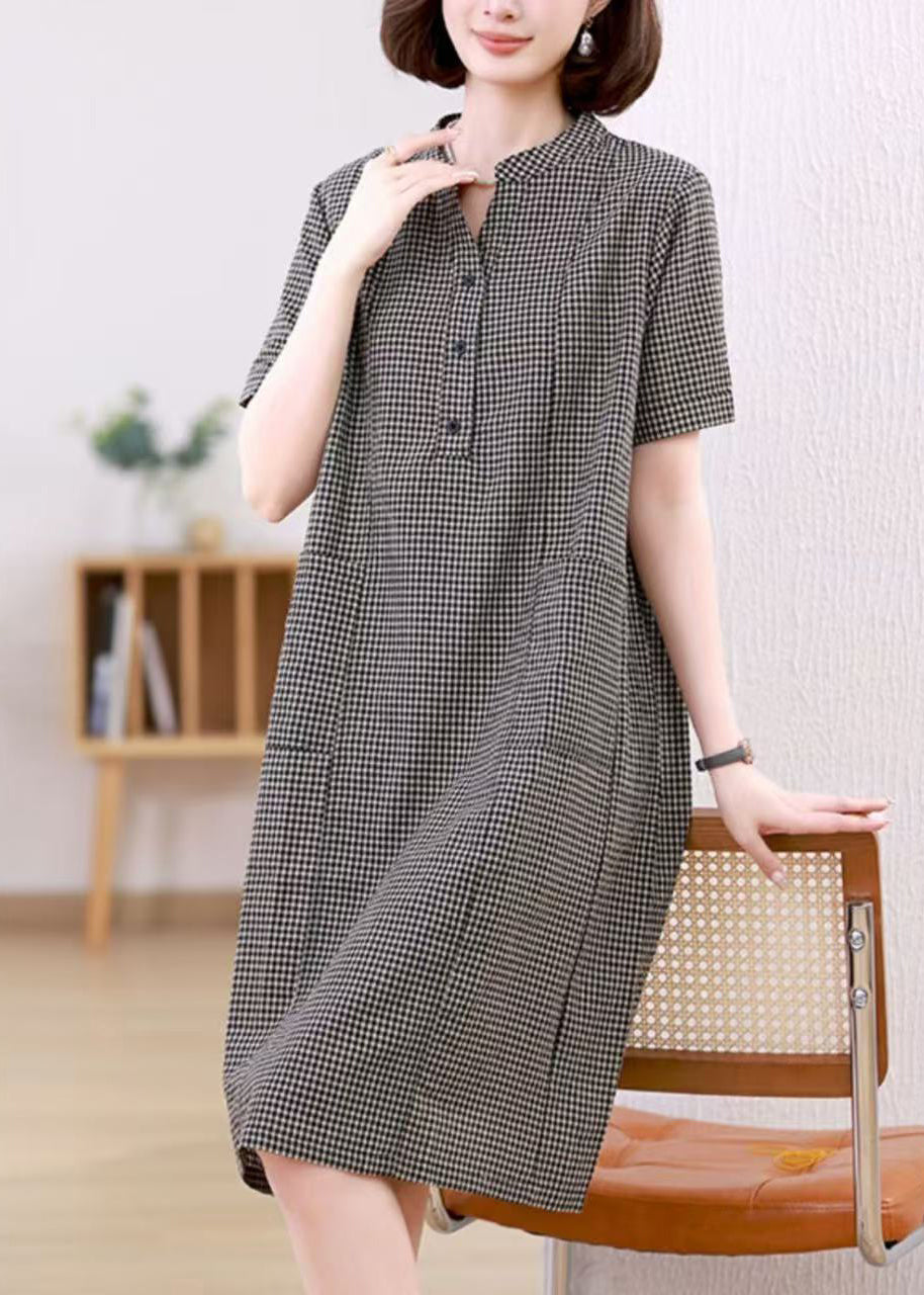 Grey Plaid Linen Mid Dresses Stand Collar Summer
